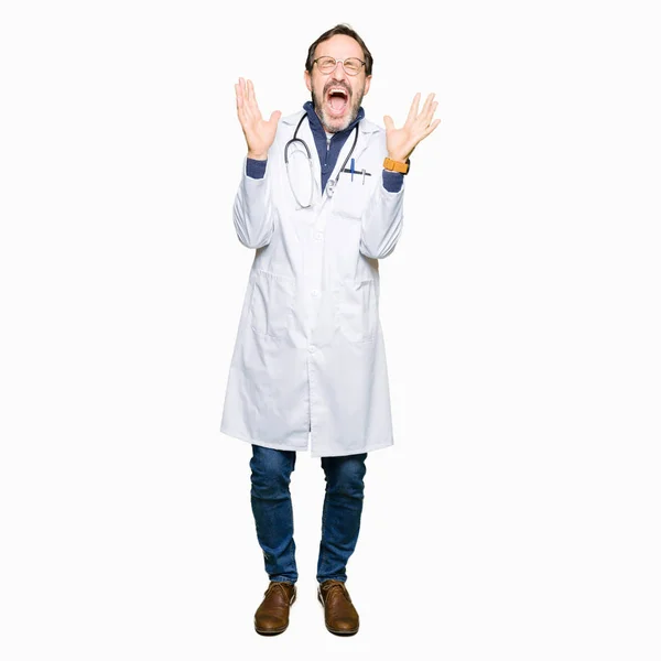 Handsome Middle Age Doctor Man Wearing Medical Coat Celebrating Mad — Stock Photo, Image