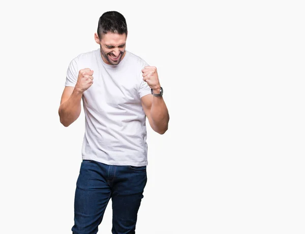 Ung Man Klädd Casual Vit Shirt Över Isolerad Bakgrund Mycket — Stockfoto