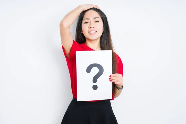 Young Brunette Woman Holding Paper Question Mark Isolated Background Stressed — Stock Photo, Image