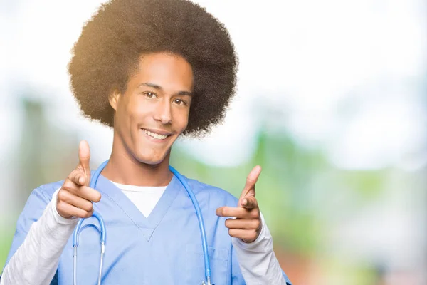 Young African American Doctor Man Afro Hair Pointing Fingers Camera — Stock Photo, Image