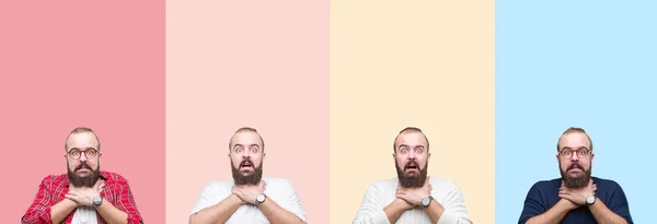 Collage Giovane Con Barba Strisce Colorate Sfondo Isolato Urlando Soffocare — Foto Stock