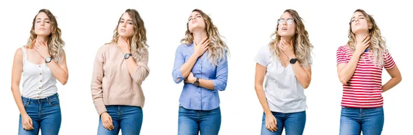 Collage Joven Hermosa Rubia Sobre Fondo Aislado Tocando Cuello Doloroso —  Fotos de Stock