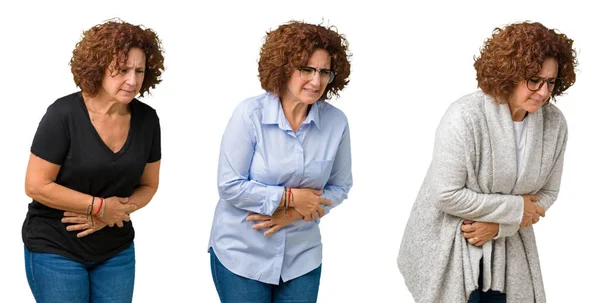 Collage Mezza Età Donna Anziana Sfondo Bianco Isolato Con Mano — Foto Stock