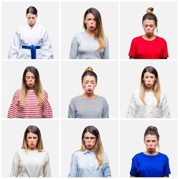 Collage Unga Vackra Kvinnan Över Isolerade Bakgrund Deprimerad Och Orolig — Stockfoto