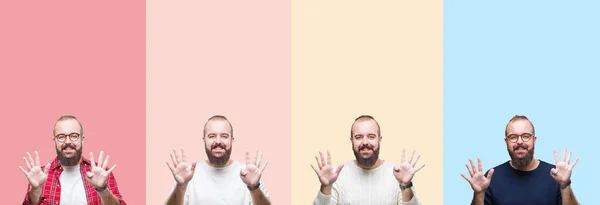 Collage Van Jonge Man Met Baard Kleurrijke Strepen Geïsoleerde Achtergrond — Stockfoto