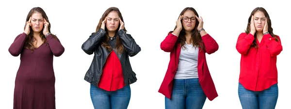 Colagem Bela Mulher Negócios Size Sobre Fundo Isolado Com Mão — Fotografia de Stock