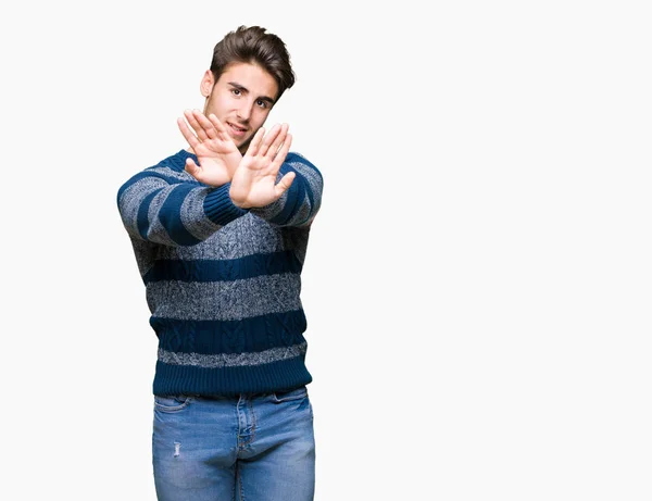 Young Handsome Man Isolated Background Rejection Expression Crossing Arms Palms — Stock Photo, Image