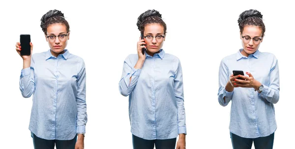 Collage Hermosa Mujer Negocios Afroamericana Usando Teléfono Inteligente Sobre Fondo —  Fotos de Stock