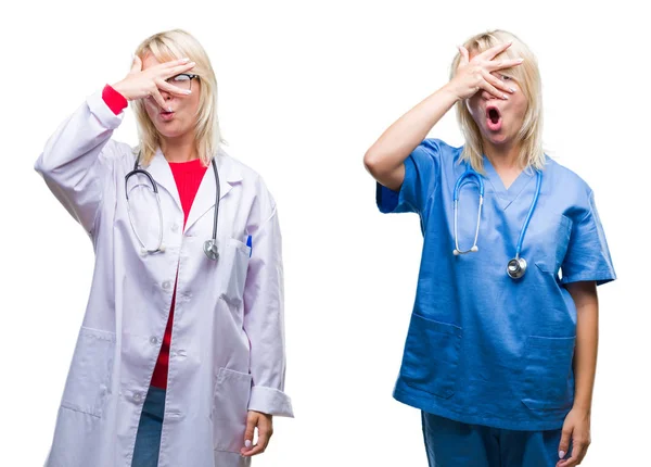 Collage Doctora Enfermera Sobre Fondo Blanco Aislado Asomándose Shock Cubriendo —  Fotos de Stock