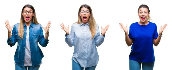 Collage Joven Hermosa Mujer Con Gafas Sobre Fondo Aislado Celebrando —  Fotos de Stock