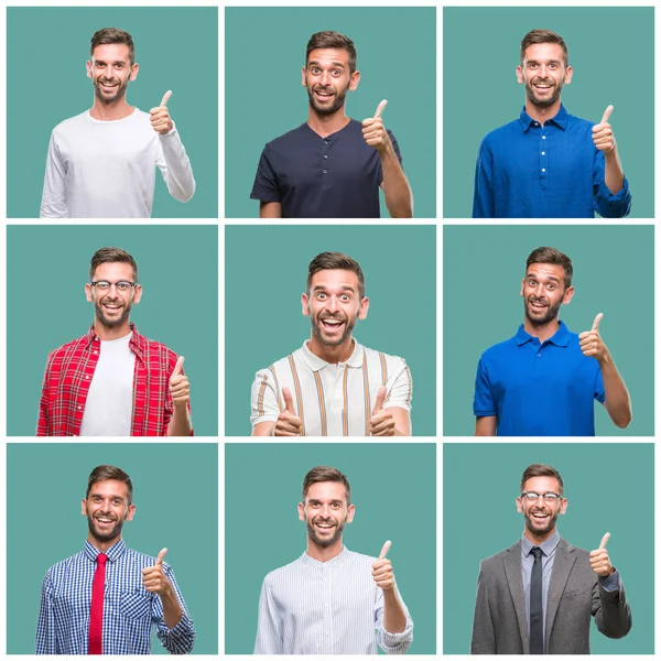 Collage Stilig Ung Man Över Grön Isolerad Bakgrund Gör Happy — Stockfoto