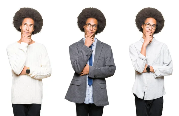 Колаж Молодої Людини Афро Волоссям Над Білим Ізольованим Тлом Рукою — стокове фото