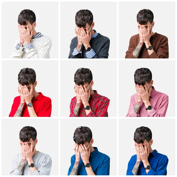 Collage Eines Jungen Mannes Vor Isoliertem Hintergrund Mit Traurigem Gesichtsausdruck — Stockfoto