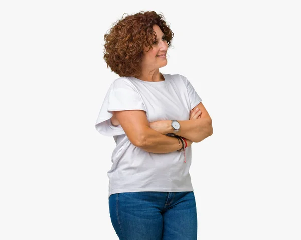 Bella Donna Anziana Mezza Età Indossa Shirt Bianca Sfondo Isolato — Foto Stock