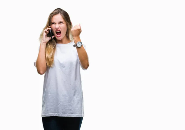 Junge Schöne Blonde Frau Telefoniert Mit Smartphone Über Isolierten Hintergrund — Stockfoto