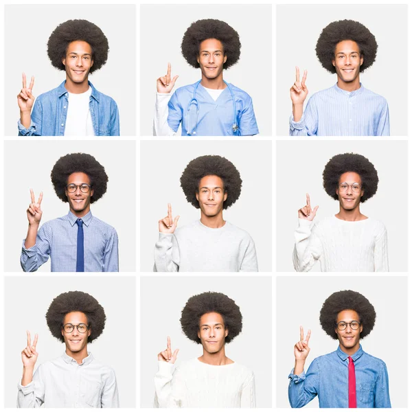 Collage Ung Man Med Afro Hår Över Vit Isolerade Bakgrund — Stockfoto