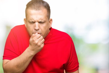 Orta yaş Arap adam duygu hasta ve soğuk veya bronşit için semptom olarak öksürük izole arka plan. Sağlık kavramı.