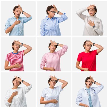 Izole arka plan üzerinde afro saçlı genç afro-amerikan kadın hastalık ve ateş, grip ve soğuk algınlığı, virüs hasta için alın dokunmadan