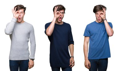 Beyaz izole arka plan üzerinde genç adam kolaj sürpriz yüz, göz parmaklarıyla bakarak şok ok jest yapıyor. İnanılmaz ifade.