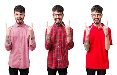 Izole arka plan üzerinde gözlük takan genç adamın kolaj elleri yukarı ile rock sembolü yapıyor deli ifade ile bağırarak. Müzik yıldızı. Ağır konsept.