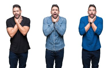 Beyaz izole arka plan üzerinde yakışıklı adam kolaj çığlık ve ağrılı boğma çünkü boğmak. Sağlık problemi. Asphyxiate ve intihar konsepti.