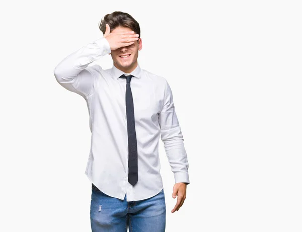 Joven Hombre Negocios Con Gafas Sobre Fondo Aislado Sonriendo Riendo — Foto de Stock