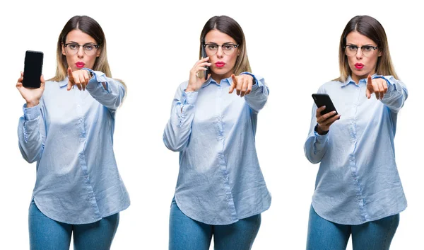 Collage Young Beautiful Business Woman Using Smartphone Isolated Background Pointing — Stock Photo, Image