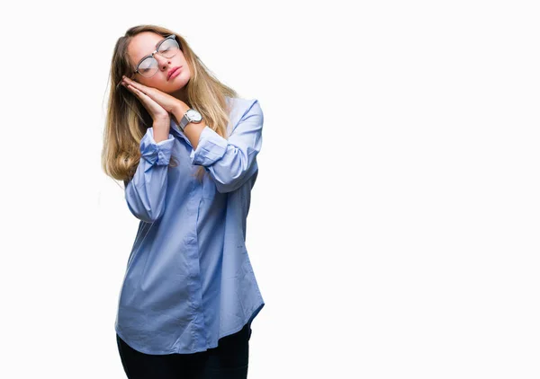 Young Beautiful Blonde Business Woman Wearing Glasses Isolated Background Sleeping — Stock Photo, Image