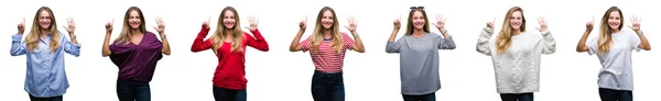 Коллаж Молодой Красивой Блондинки Изолированном Фоне Показывая Показывая Пальцами Номер — стоковое фото