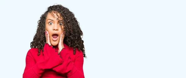 Young Beautiful Woman Curly Hair Afraid Shocked Surprise Expression Fear — Stock Photo, Image