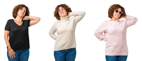 Collage Mujer Mayor Mediana Edad Sobre Fondo Blanco Aislado Sufrimiento —  Fotos de Stock