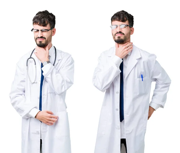 Collage Young Doctor Man Wearing Medical Coat Touching Painful Neck — Stock Photo, Image