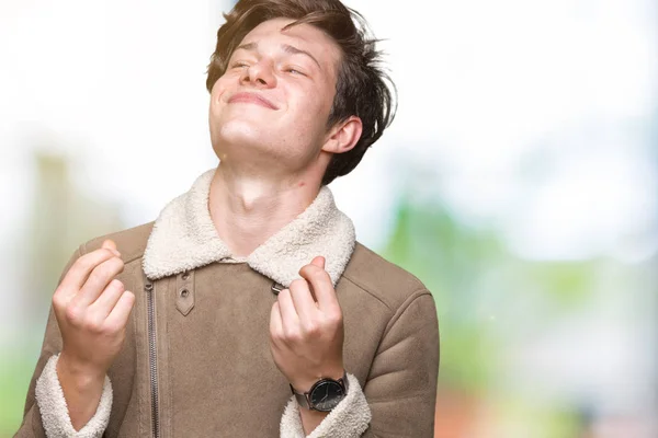 Jeune Bel Homme Vêtu Manteau Hiver Sur Fond Isolé Faire — Photo