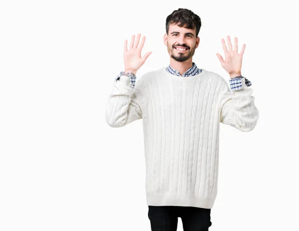 스웨터를 잘생긴 젊은이 보여주는 손가락으로 가리키는 자신감과 — 스톡 사진