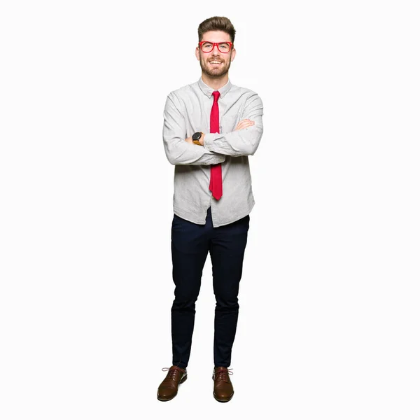 Young Handsome Business Man Wearing Glasses Happy Face Smiling Crossed — Stock Photo, Image