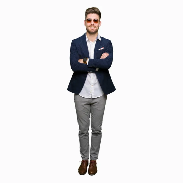 Young Handsome Elegant Man Wearing Sunglasses Fashion Blazer Happy Face — Stock Photo, Image