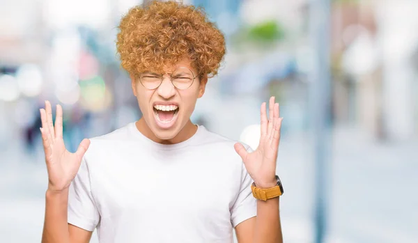 Young Handsome Man Afro Hair Wearing Glasses Crazy Mad Shouting — Stock Photo, Image