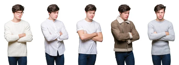Collage Eines Jungen Mannes Mit Weißem Isoliertem Hintergrund Skeptisch Und — Stockfoto