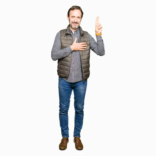 Middle Age Handsome Man Wearing Winter Vest Swearing Hand Chest — Stock Photo, Image