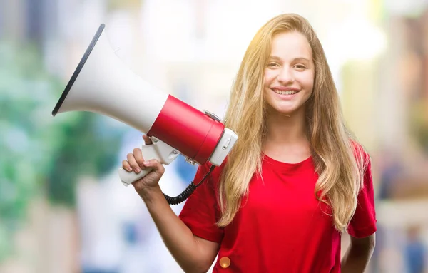 Jeune Belle Femme Blonde Criant Travers Mégaphone Sur Fond Isolé — Photo