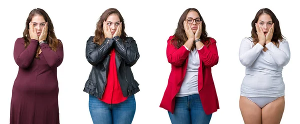 Colagem Mulher Bonita Size Sobre Fundo Isolado Mãos Cansadas Cobrindo — Fotografia de Stock