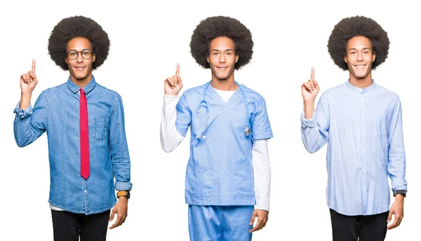 Colagem Jovem Com Cabelo Afro Sobre Fundo Isolado Branco Mostrando — Fotografia de Stock