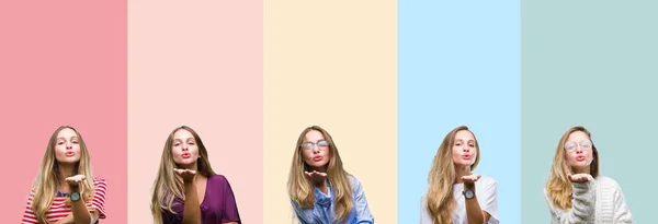 Collage Belle Jeune Femme Sur Fond Isolé Rayures Colorées Regardant — Photo