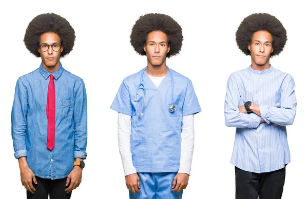 Collage Ung Man Med Afro Hår Över Vita Isolerade Bakgrund — Stockfoto