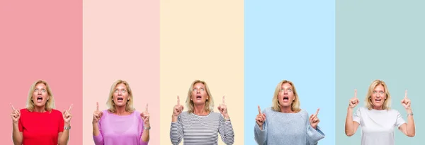 Collage Von Senioren Mittleren Alters Schöne Frau Über Bunte Streifen — Stockfoto