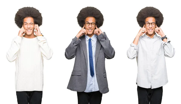 Colagem Jovem Com Cabelo Afro Sobre Fundo Branco Isolado Cobrindo — Fotografia de Stock