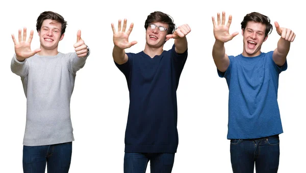 Колаж Молодої Людини Над Білим Ізольованим Фоном Показує Вказує Пальцями — стокове фото