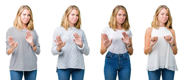 Collage Hermosa Mujer Rubia Sobre Fondo Blanco Aislado Expresión Disgustada — Foto de Stock