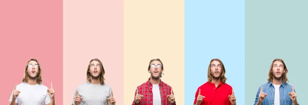 Collage Van Jonge Knappe Man Kleurrijke Strepen Geïsoleerde Achtergrond Verbaasd — Stockfoto