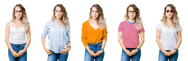 Collage Ung Vacker Blond Flicka Över Isolerad Bakgrund Med Allvarliga — Stockfoto